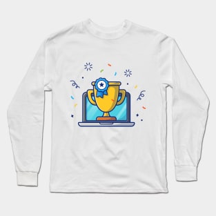 Gold trophy badge with laptop cartoon Long Sleeve T-Shirt